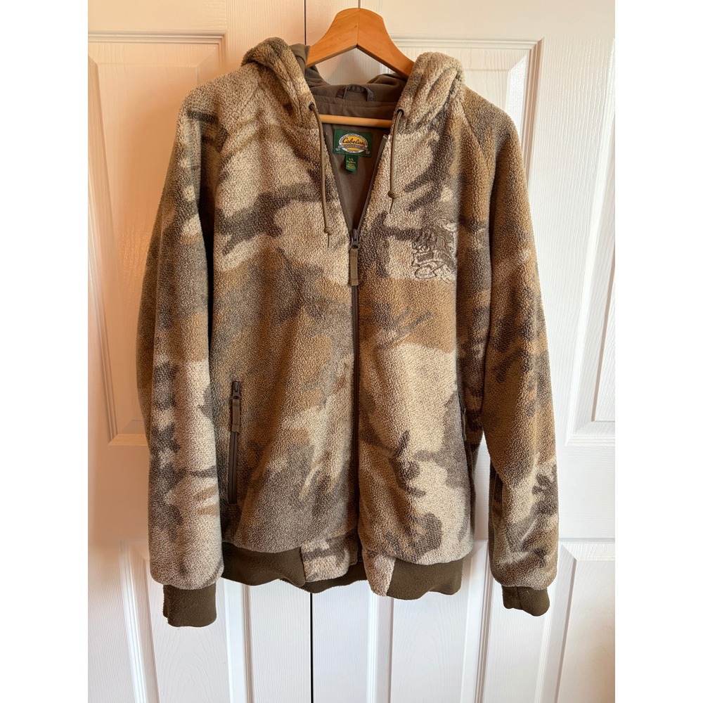 Cabelas Mens Camo Sherpa Fleece Hooded Jacket Full Zip Brown Large 933743
